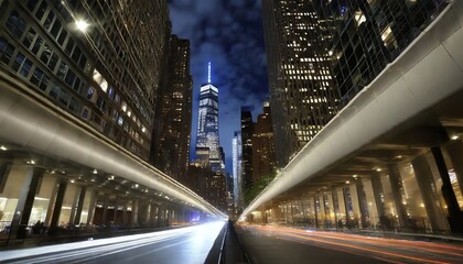 Fototapeta na wymiar light trails and reflections on night city of newyork
