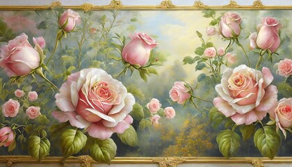 roses painted on the wall in the baroque rococo style a plot with flowers for mural wallpaper photo wallpaper painting postcard card