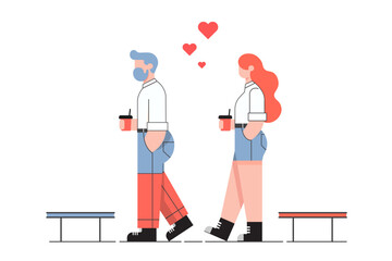 love couple drinking coffee,man and woman walking with coffee cup,red heart,minimalist couple concept For Valentine's Day and Love Day ,vector lover illustrations.