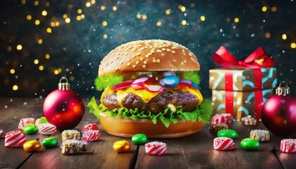 Fototapeta na wymiar delicious christmas burger with candies and gifts on dark background