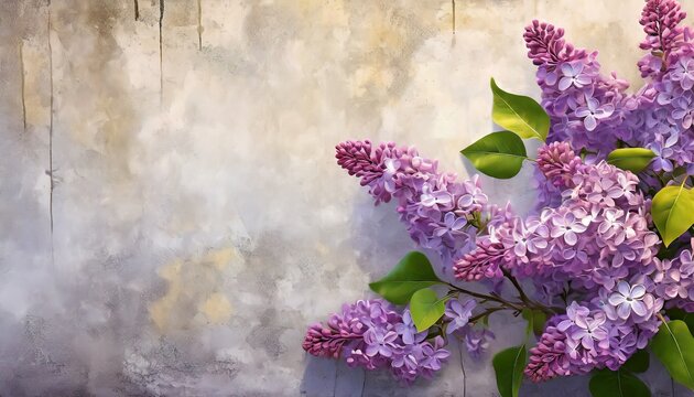 beautiful lilac branches on the concrete grunge wall lilac flowers blooming lilac floral background in loft modern style design for wall mural card postcard wallpaper photo wallpaper