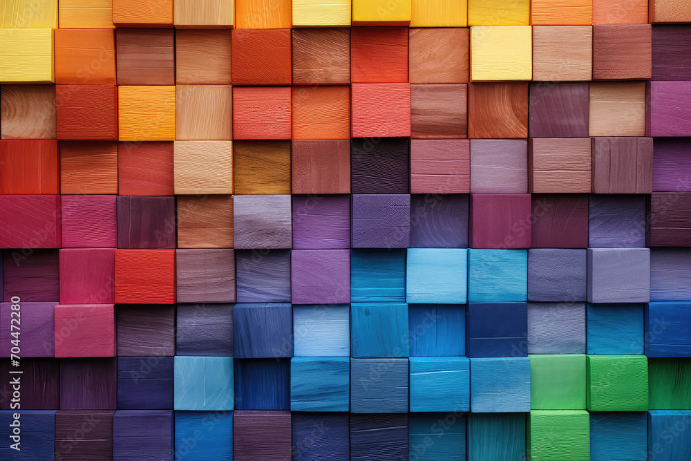 Wall mural colorful background of wooden blocks, showcasing a spectrum of hues ideal for artistic covers or cre