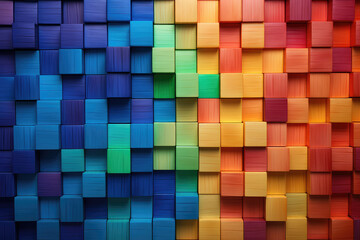 Fototapeta na wymiar A mesmerizing array of multi-colored wooden blocks, perfectly aligned to create a vivid and creative background suitable for diverse themes.