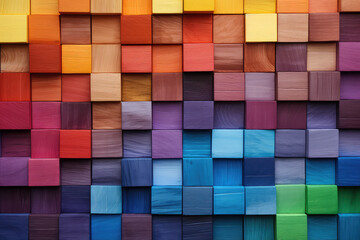 Colorful background of wooden blocks, showcasing a spectrum of hues ideal for artistic covers or creative projects. - obrazy, fototapety, plakaty