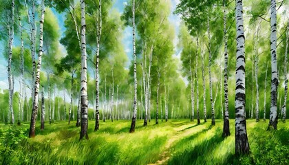 digital painting of birch grove on a summer day printable square wall art