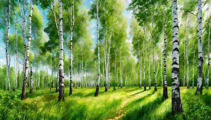Foto auf Acrylglas Birkenhain digital painting of birch grove on a summer day printable square wall art