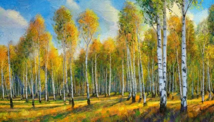 Foto auf Acrylglas Birkenhain digital oil painting of birch grove in autumn landscape impasto printable square artwork