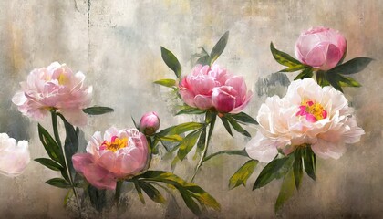 Obraz na płótnie Canvas peonies flowers painted on a concrete grunge wall photo wallpaper wallpaper mural card postcard design in the modern loft style