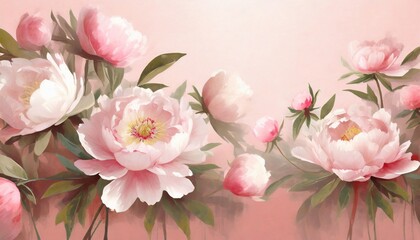 Obraz na płótnie Canvas delicate pink flowers illustration peonies painted on the pink background beautiful postcard picture mural wallpaper photo wallpaper wedding invitation design