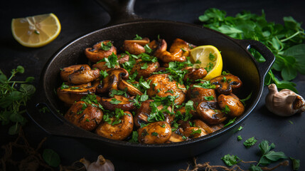 Fried mushrooms with fresh herbs in black cast