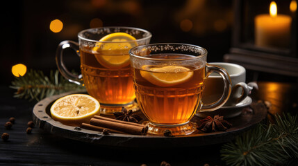 cup of tea with cinnamon sticks and lemon