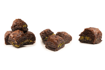 Turkish chocolate baklava isolated on white background.