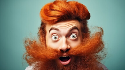 Fototapeta premium Portrait of attractive funny funky childish amazed red-haired guy wearing casual shirt stupor isolated over bright blue color background