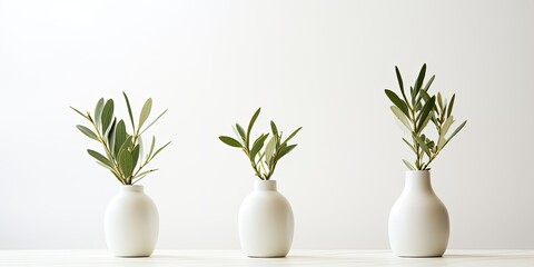 Modern minimalist style interior decorations featuring three small vases with olive branches on white backdrop.