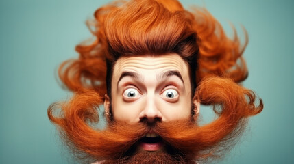 Portrait of attractive funny funky childish amazed red-haired guy wearing casual shirt stupor isolated over bright blue color background