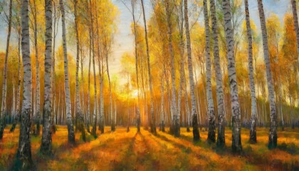 oil painting of birch forest at sunset autumn landscape impasto printable square artwork