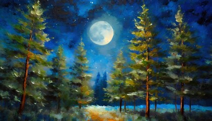 blue fir trees in a night forest under the moon oil painting impasto printable square wall art
