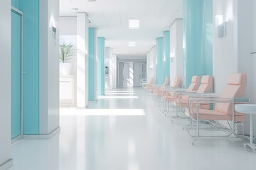 A visually appealing and clean corridor of a healthcare facility, highlighting the modern design and patient care focus in hospital interiors. - obrazy, fototapety, plakaty