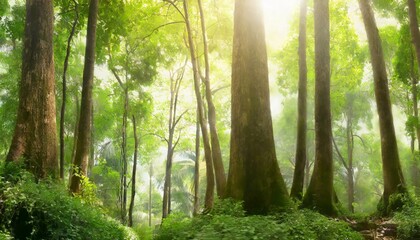 panorama banner background of tropical forest landscape scene for using in concept of environmental ecology and sustainable energy or earth day wild wood scenic using for wallpaper of spa and tourism
