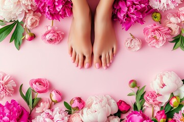 Womans feet with perfect pink pedicure on a pastel pink background with fresh peonies top view