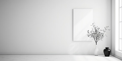 Minimal white interior with architectural photo background, black and white design details.