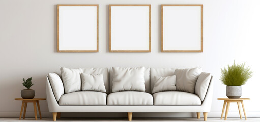 modern interior with sofa, three blank picture 