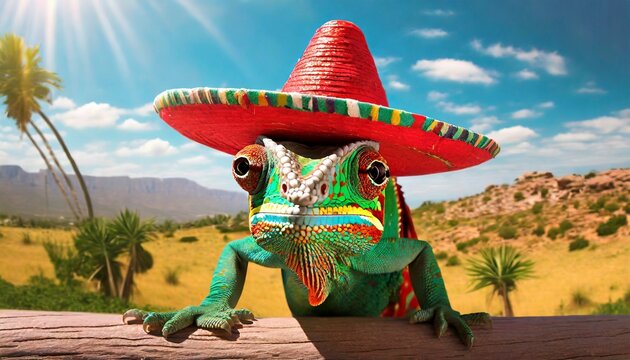 crazy veiled chameleon with a red mexican hat sombrero mexico