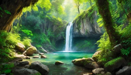 Foto auf Acrylglas Waldfluss a scenic view of a waterfall in a lush forest with a hidden cave behind it fantasy concept illustration painting generative ai