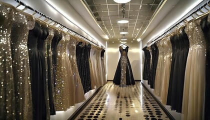 luxurious evening dresses in sequins on hangers in the fitting room generation ai
