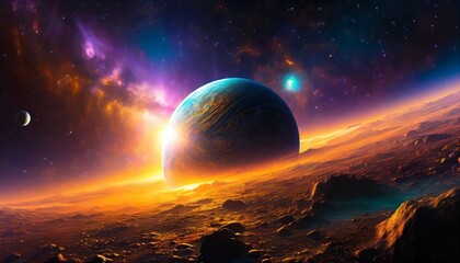 an alien planet floats in cosmic space bathed in a fantastic orange glow this game concept art...