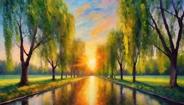 sunset in the park oil painting of weeping willows alley impasto printable square artwork