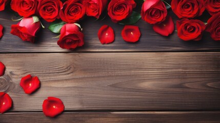 Top-down view. Red roses flowers with red hearts on old wooden background 