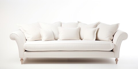 Fototapeta na wymiar White fabric sofa on metal legs with pillows isolated on white, part of a furniture collection.