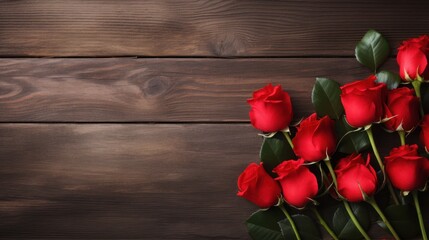 Naklejka na ściany i meble Top-down view. Red roses flowers with red hearts on old wooden background 