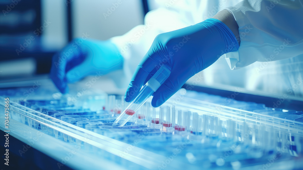 Poster a scientist in blue gloves skillfully uses a pipette for dna testing, highlighting the precision and
