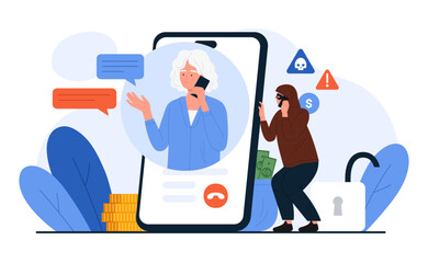 Elderly woman on mobile phone screen talking to scammer, scam and phishing vector illustration. Cartoon unknown robber in mask calls grandmother to steal money, personal financial information