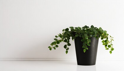 ivy in a black pot on a white table