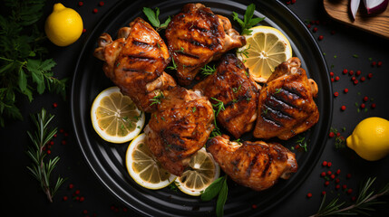Grilled chicken thighs with spices and lemon Top - obrazy, fototapety, plakaty