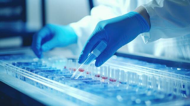 A scientist in blue gloves skillfully uses a pipette for DNA testing, highlighting the precision and technology in a modern laboratory environment.