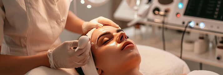 Woman receiving a facial cleansing by an expert cosmetologist - obrazy, fototapety, plakaty