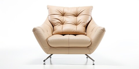 Modish beige leather armchair on chrome legs, isolated on white background.