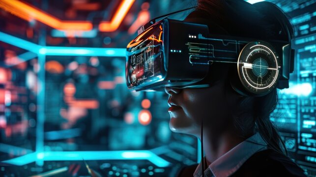 Realistic portrayal of a game developer woman with a futuristic vision, embodying creativity and innovation in the gaming industry