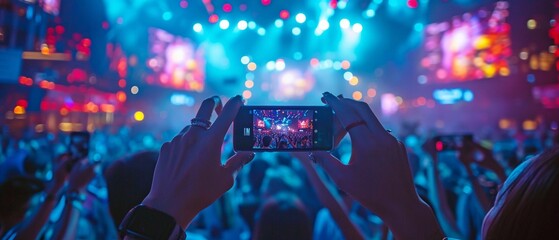Using camera phones in a crowd during a technology conference . - obrazy, fototapety, plakaty