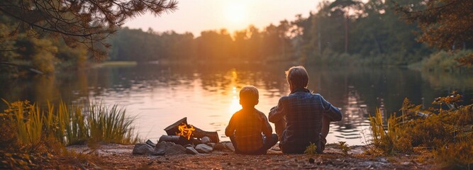 grandparents and their grandchildren beside a campfire in the sunlit woods by a lake . - obrazy, fototapety, plakaty