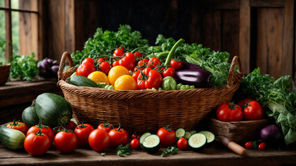 Fototapeta na wymiar close-up of vegetables peppers, tomatoes, eggplants, cabbage, zucchini, garlic, zucchini, pathesson, AI generated
