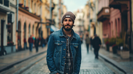 Fototapeta premium Male tourist having fun on summer vacation on city street