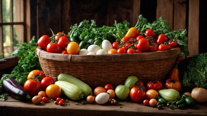 close-up of vegetables peppers, tomatoes, zucchini, onions, eggplants, garlic, zucchini, pathesson, cabbage, AI-generated