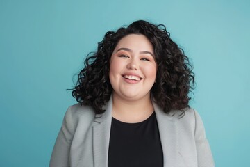 Portrait of a Smiling Plus Size Woman with Curly Hair in Professional Attire
