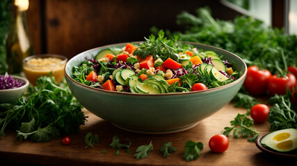 vegetable salad close-up with tomatoes, parsley, cucumbers, radishes seasoned with spices and lemon, AI generated
