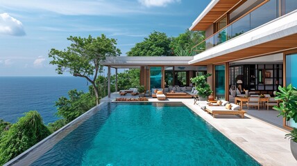 Modern home with a terrace and a lap pool that faces the ocean .